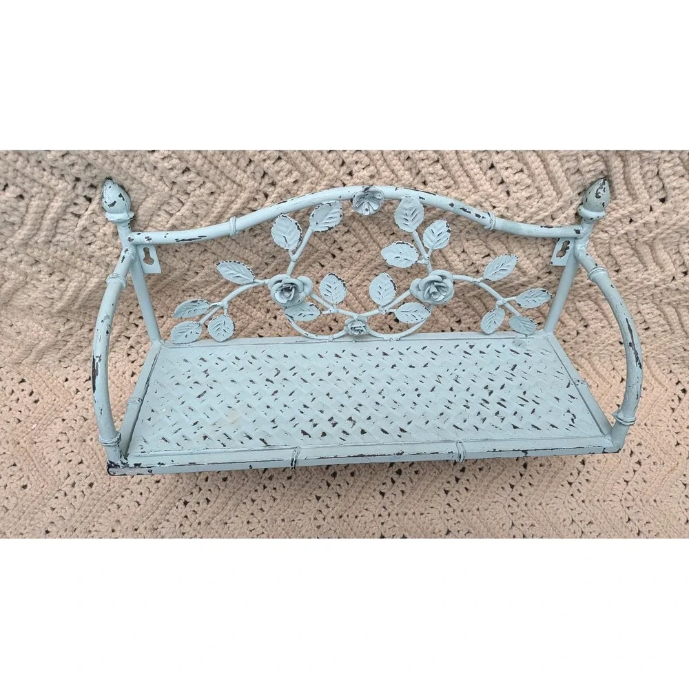 Vintage Shabby Chic Blue Metal Wall Shelf Hook Coat Rack Floral Rose Distressed